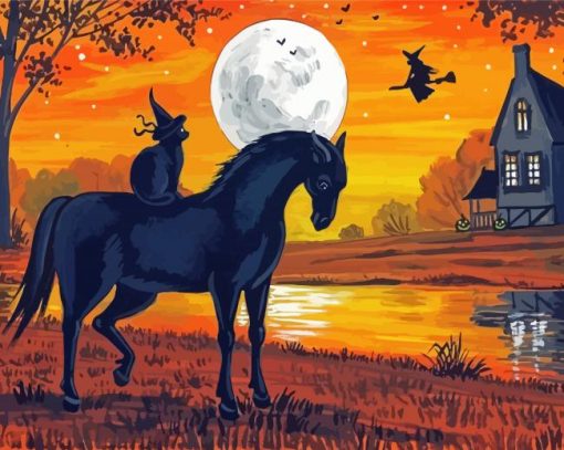 Halloween Cat And Horse Diamond Painting