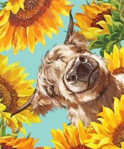 Highland Cow With Sunflowers Diamond Painting