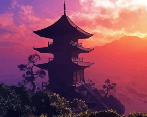 Asian Landscape At Sunset Diamond Painting