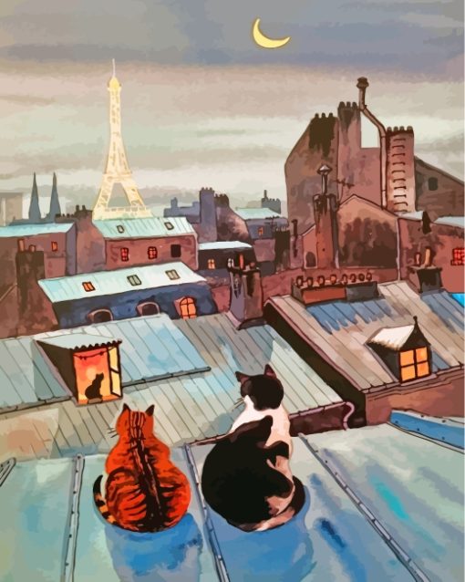 Cats On A Roof In Paris Art Diamond Painting