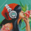 Girl With Headphones And Flowers Diamond Painting