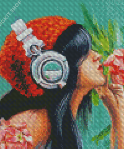 Girl With Headphones And Flowers Diamond Painting