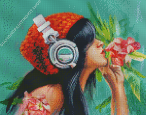 Girl With Headphones And Flowers Diamond Painting