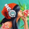 Girl With Headphones And Flowers Diamond Painting