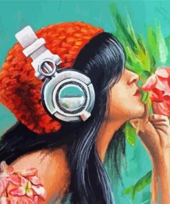 Girl With Headphones And Flowers Diamond Painting