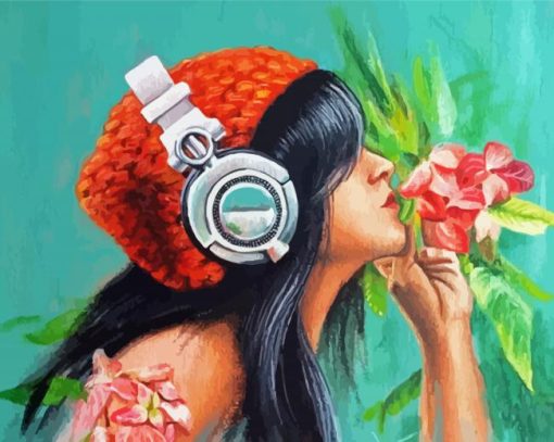 Girl With Headphones And Flowers Diamond Painting