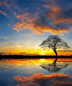 Panorama Tree By Water At Sunset Diamond Painting