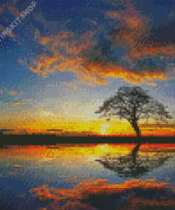 Panorama Tree By Water At Sunset Diamond Painting