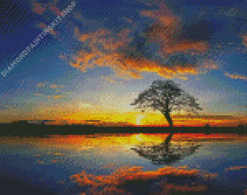 Panorama Tree By Water At Sunset Diamond Painting