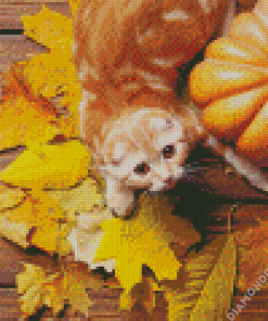 Cat And Leaves Diamond Painting