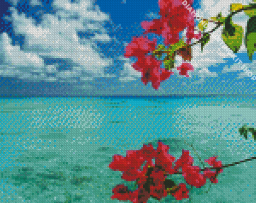 Pink Flowers On Beach Diamond Painting