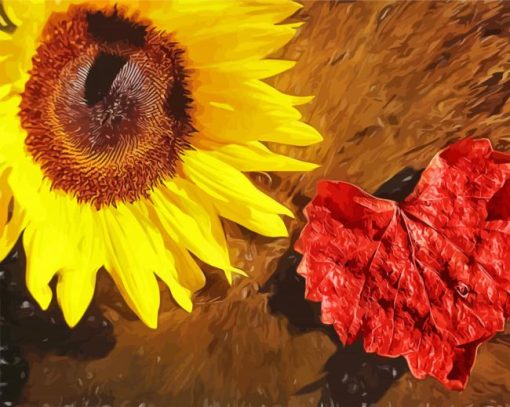 Sunflower And Leaf Heart Diamond Painting