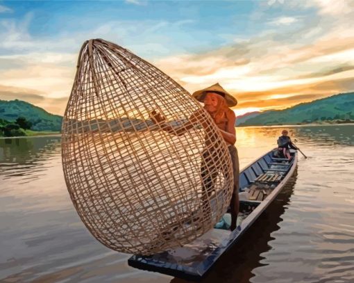 Asian Old Man Fishing Diamond Painting