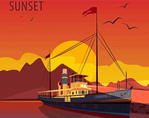 Cruise Ship In Sunset Poster Diamond Painting