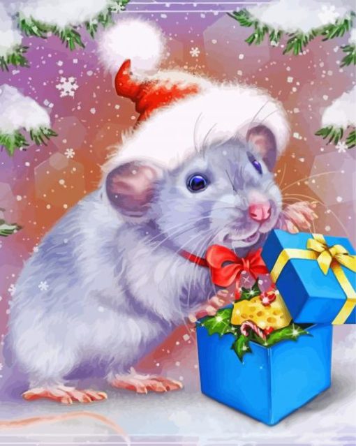 Grey Christmas Mouse Diamond Painting