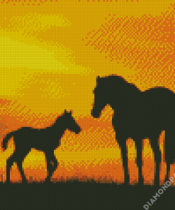 Horse And Foal Sunset Silhouette Diamond Painting