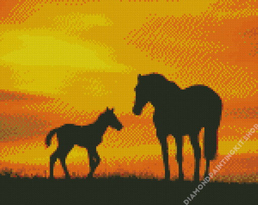 Horse And Foal Sunset Silhouette Diamond Painting