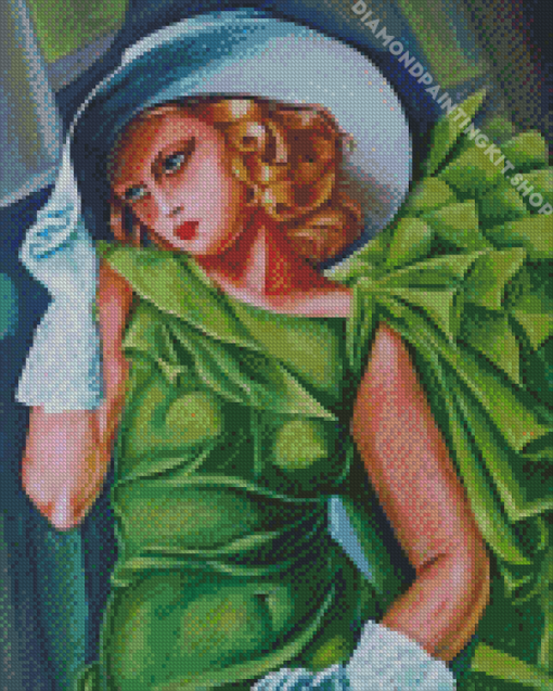 Lady In White Hat And Green Dress Diamond Painting