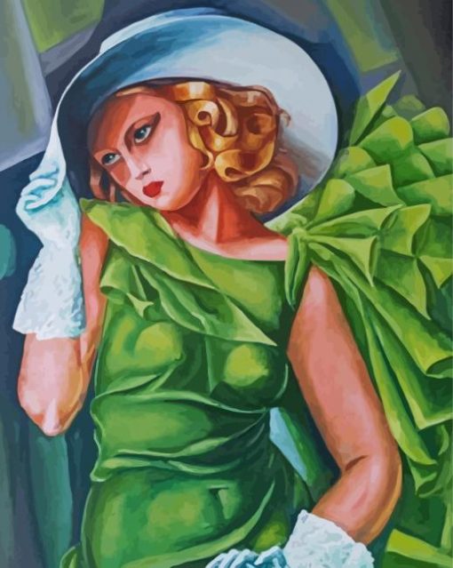 Lady In White Hat And Green Dress Diamond Painting