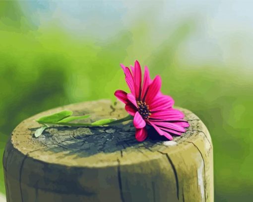 Pink Flower On Tree Stumps Diamond Painting