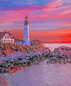 Portland Lighthouse Sunset Diamond Painting