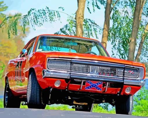 Red Car With Confederate Flag Diamond Painting