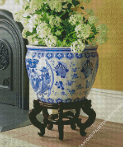 White Flowers In Chinese Pot Diamond Painting