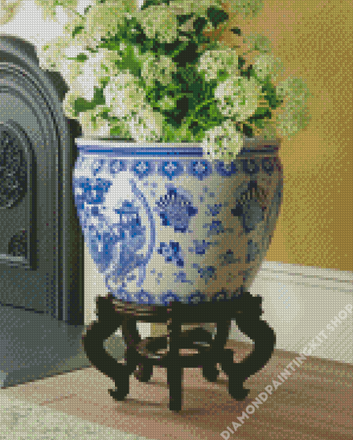 White Flowers In Chinese Pot Diamond Painting