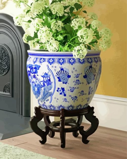 White Flowers In Chinese Pot Diamond Painting