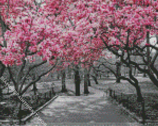 Pink Cherry Black And White Trees Diamond Painting