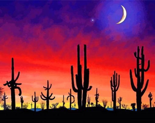 Cactus Sunset And Moon Diamond Painting