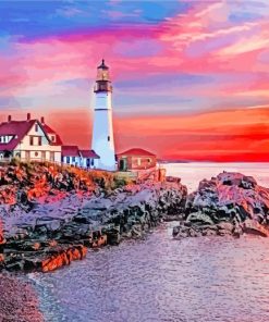 Portland Lighthouse Sunset Diamond Painting