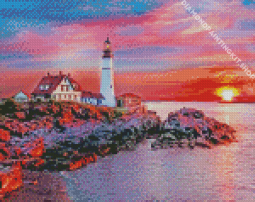 Portland Lighthouse Sunset Diamond Painting