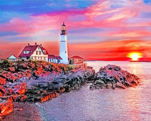 Portland Lighthouse Sunset Diamond Painting