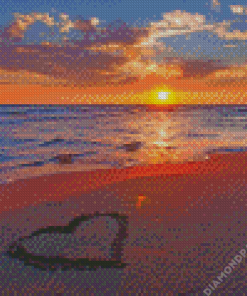 Beach With Hearts In Sand At Sunset Diamond Painting