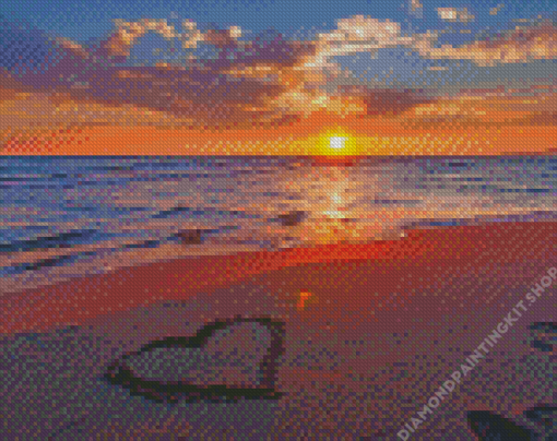 Beach With Hearts In Sand At Sunset Diamond Painting