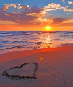 Beach With Hearts In Sand At Sunset Diamond Painting