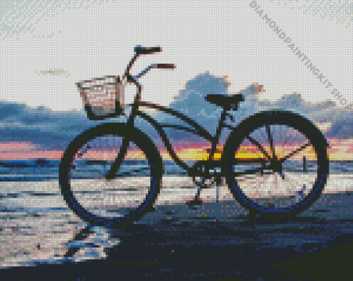 Bicycle On Beach At Sunset Diamond Painting