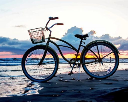 Bicycle On Beach At Sunset Diamond Painting