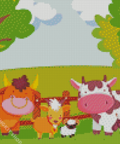 Cartoon Cows By Fence Diamond Painting