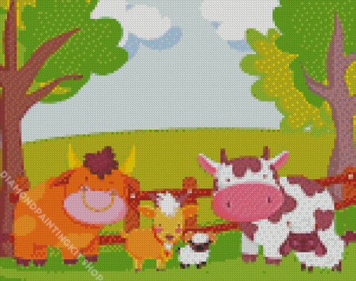 Cartoon Cows By Fence Diamond Painting