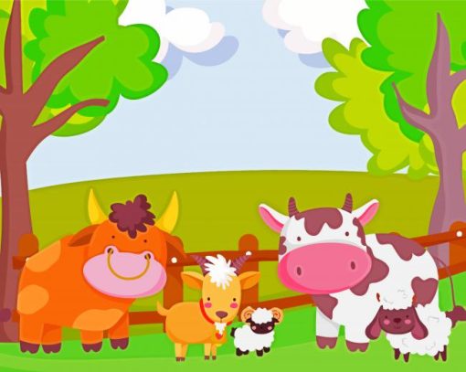 Cartoon Cows By Fence Diamond Painting