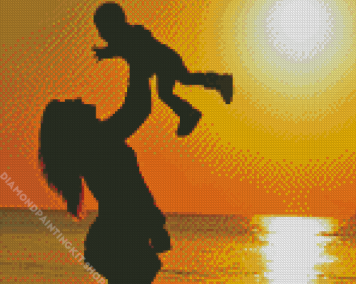 Mother And Son On Beach Silhouette Diamond Painting