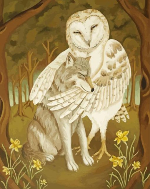 Owl And Wolf Hug Diamond Painting