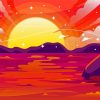 Pink Sunset With Mountain And Waves Diamond Painting