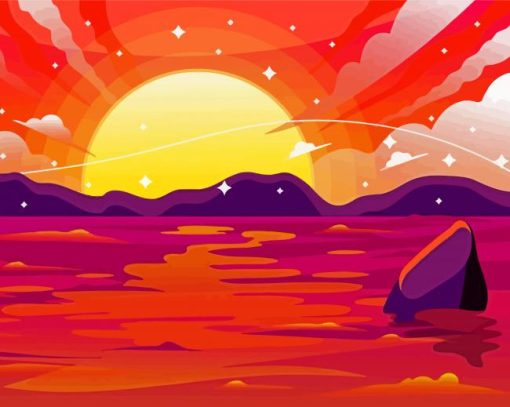 Pink Sunset With Mountain And Waves Diamond Painting