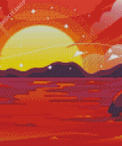 Pink Sunset With Mountain And Waves Diamond Painting