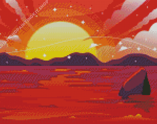 Pink Sunset With Mountain And Waves Diamond Painting