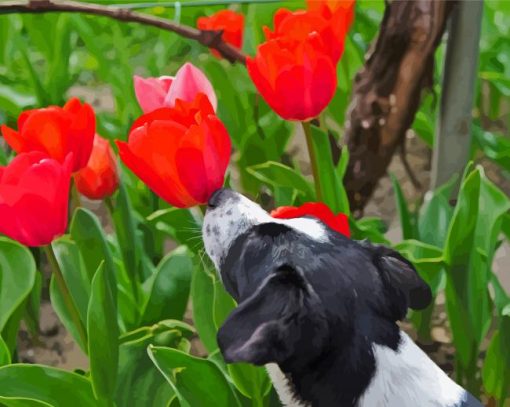 Puppy And Red Plant Diamond Painting