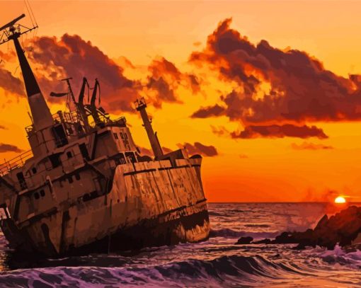 Ship Wrecked Sunset Diamond Painting